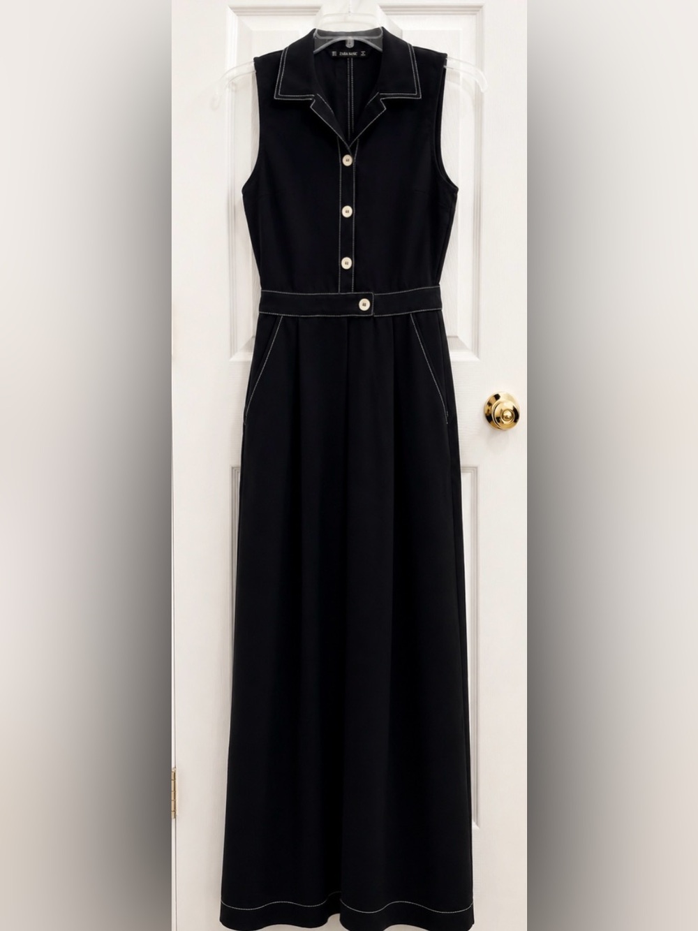 Zara Basic Black Sleeveless Wide Leg Jumpsuit Contrast Stitch | Size S
